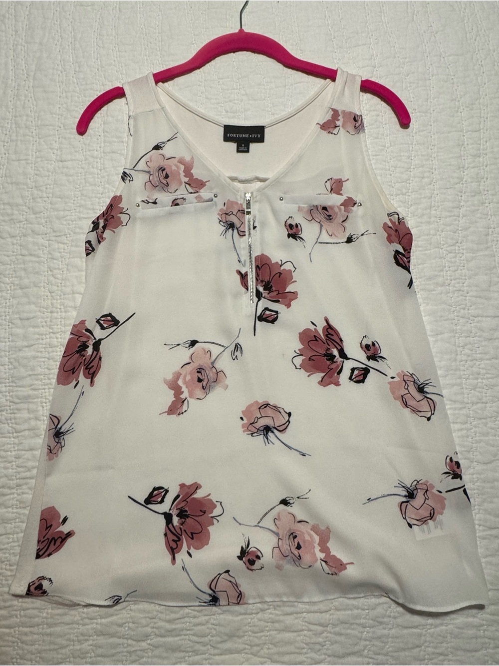 White Floral Sleeveless Blouse with Pink Blossoms